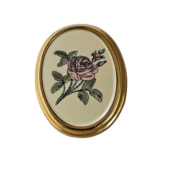 Barlow Oval Rose Floral Pin Brooch With Gold Tone Trim - Picture 1 of 7